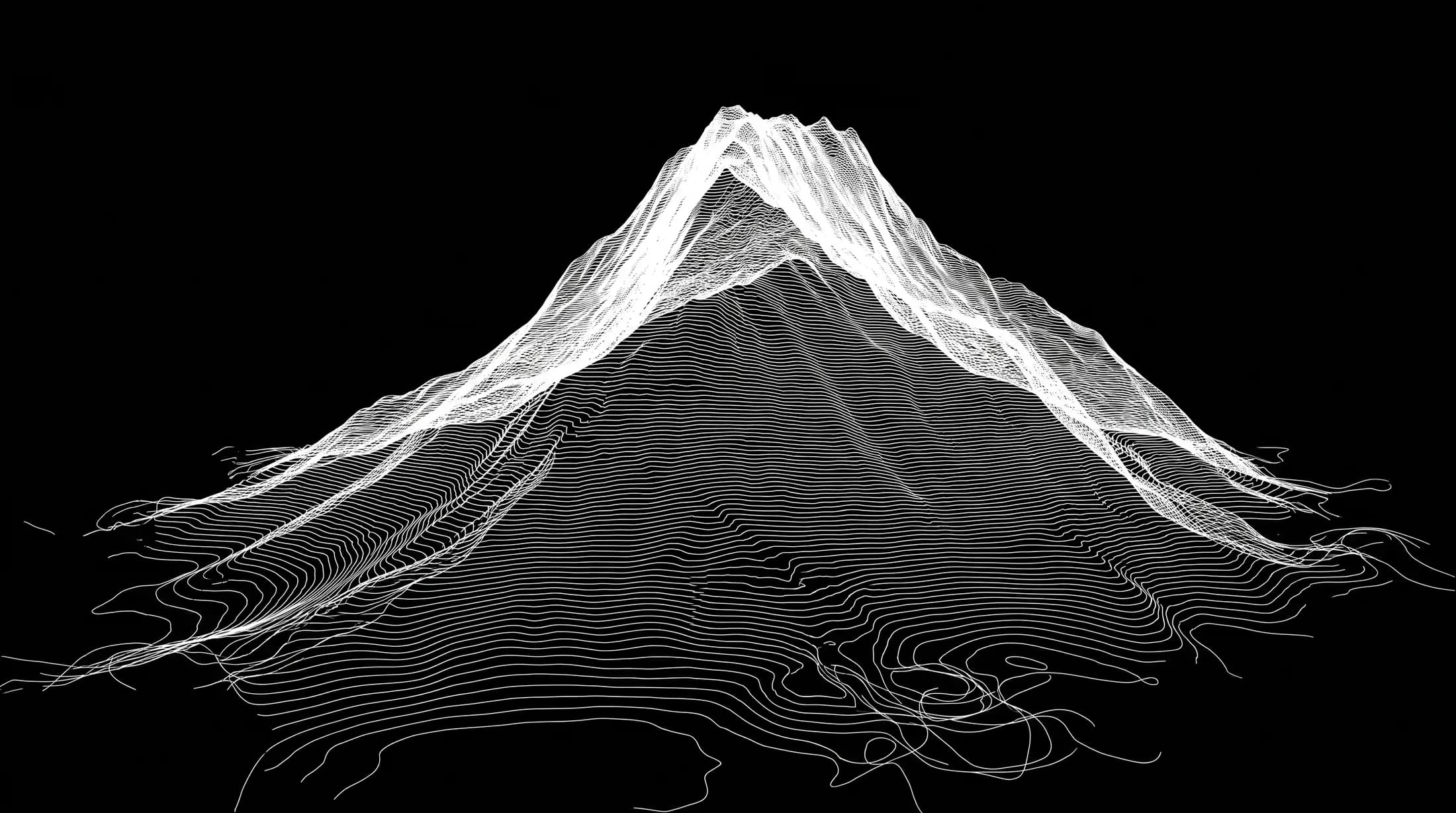 A mountain peak drawn entirely in fine white topographic contour lines on black