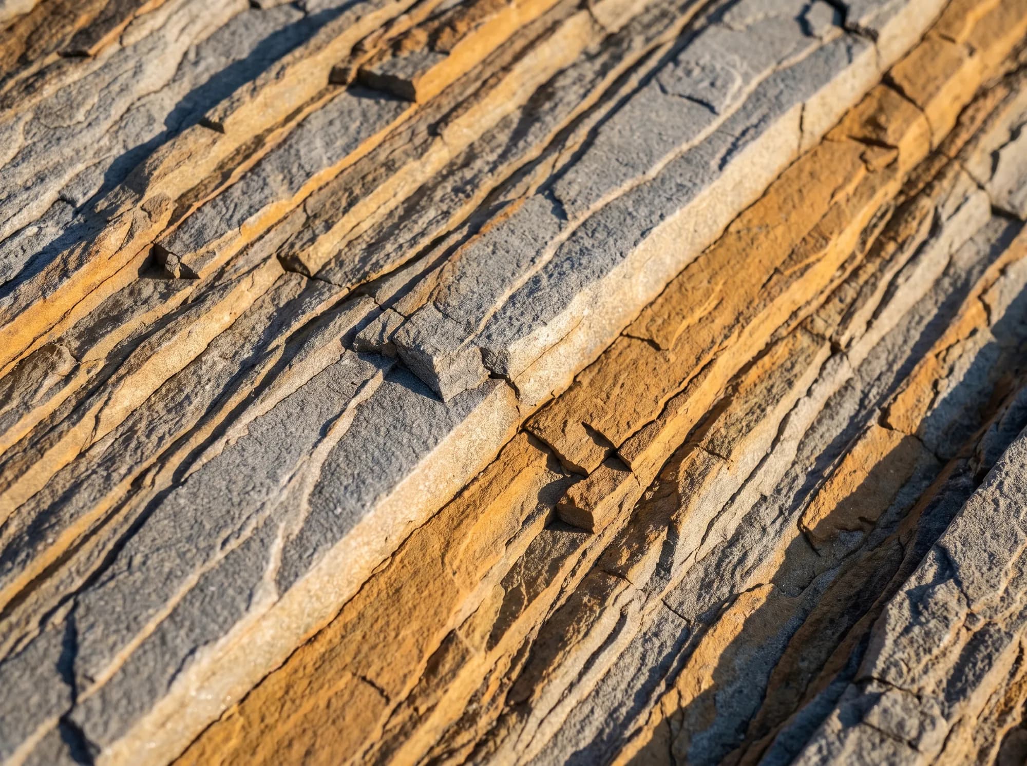 Close-up of layered sedimentary rock strata in warm and cool bands