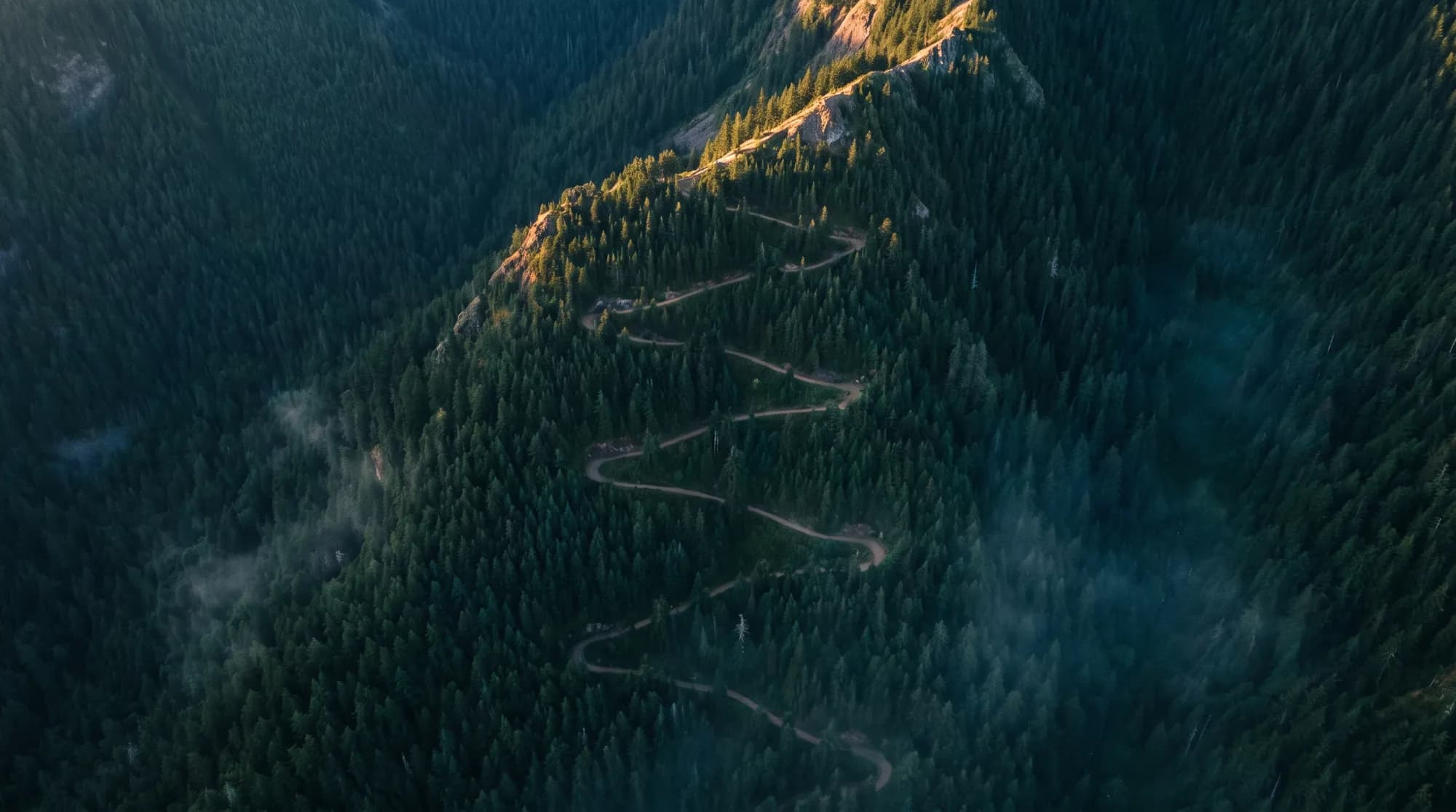Aerial view of trail switchbacks climbing a forested mountainside at dawn